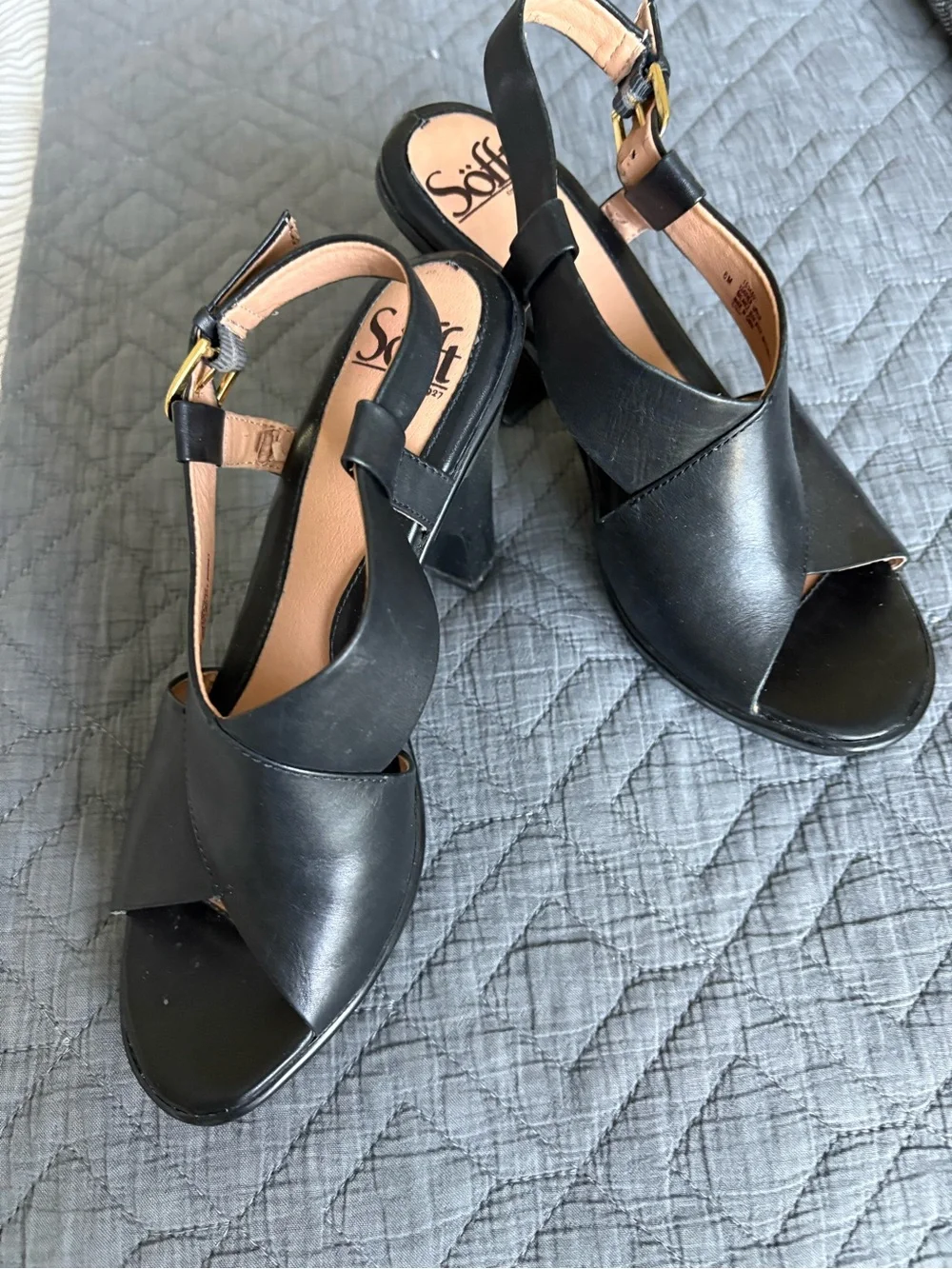Sofft Black Leather Open-Toe Slingback Block Heels